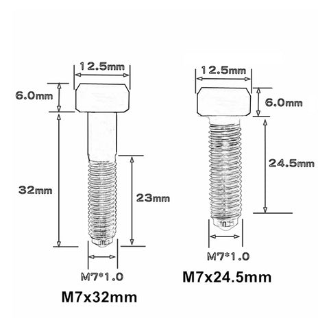 M7x32mm and M7x24.5mm Premium 6Al4V Grade 5 Titanium Wheel Lug Bolts with dimension details for custom builds.