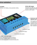 30A PWM Solar Charge Controller For 12V/24V Systems With LCD Display, blue casing, detailed annotations of features