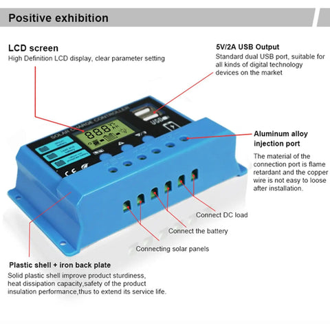 30A PWM Solar Charge Controller For 12V/24V Systems With LCD Display, blue casing, detailed annotations of features