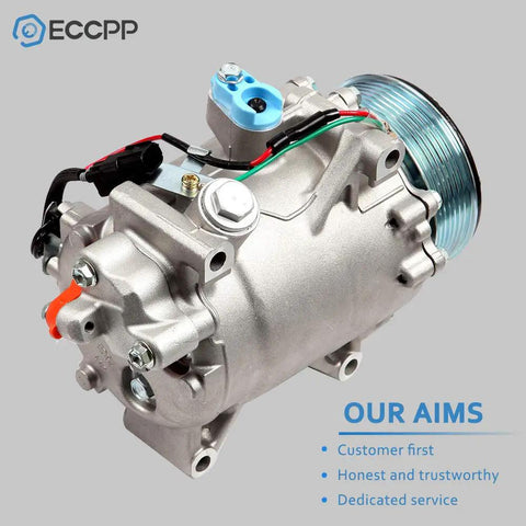 Heavy Duty AC Compressor For Honda Civic And CRV 2.4L 2007 To 2015 close-up view showing aluminum casing and pulley detail.