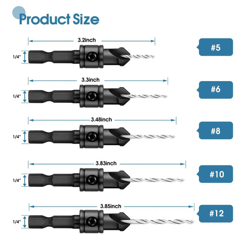 5Pc Countersink And Counterbore Drill Bit Set For 5 To 12 Screws, M2 Pilot Bits, One Quarter Inch Hex Shank, 82 Degree Chamfer
