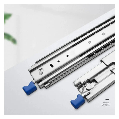 Close-up of Heavy Duty Drawer Slides With Lock, 120kg Load Capacity, featuring blue locking mechanism and stainless steel finish.