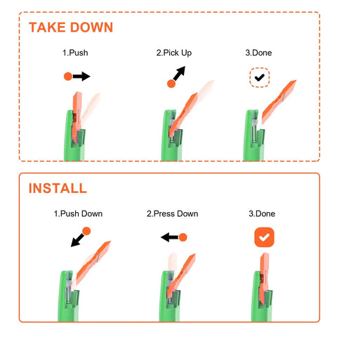 Diagram showing how to take down and install plastic blades on Plastic Razor Blade Scraper Tool Kit 2 Pack With 100 Replacement Blades No Scratch Safe