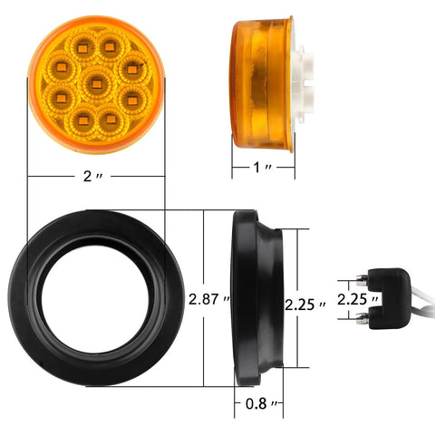 Trucker Grade 2 Inch Round LED Marker Lights 20 Pack Amber and Red With Reflectors Sealed Flush Mount Grommets dimensions