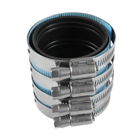 Side view of Two Inch No Hub Coupling Heavy Duty With Blue Shield For Quick Size Identification Stainless Steel Body