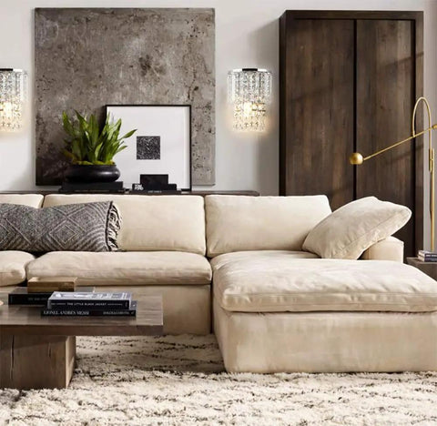 Crystal Hardwired Wall Light With Chrome Finish Sconce And K9 Acrylic Crystal Drops Shade in a modern living room setup.