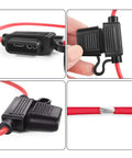 Beefy 12 Gauge Inline Fuse Holder Set Of 5 With 30 Amp ATC And ATO Blade Fuses, 8.7 Inch Leads, rubber cap, close-up view.