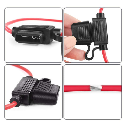 Beefy 12 Gauge Inline Fuse Holder Set Of 5 With 30 Amp ATC And ATO Blade Fuses, 8.7 Inch Leads, rubber cap, close-up view.
