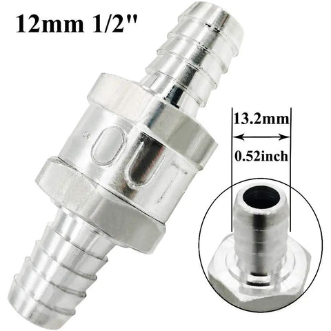 12mm Half Inch Fuel Non Return One Way Check Valve For Gas Diesel Oil Water Lines Beefy Aluminum Alloy Construction Durable Automotive Replacement Valve With 12 Month Warranty, shown with size details