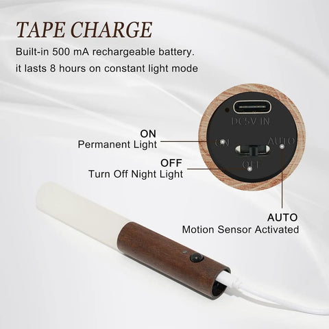 Smart Walnut Wood Motion Sensor Night Light Portable USB Rechargeable Magnetic Wall Lamp For Bedroom Hallway And Stairwell Induction Lamp With Ambient Glow Ideal For Kids Rooms And Living Spaces showing charging port