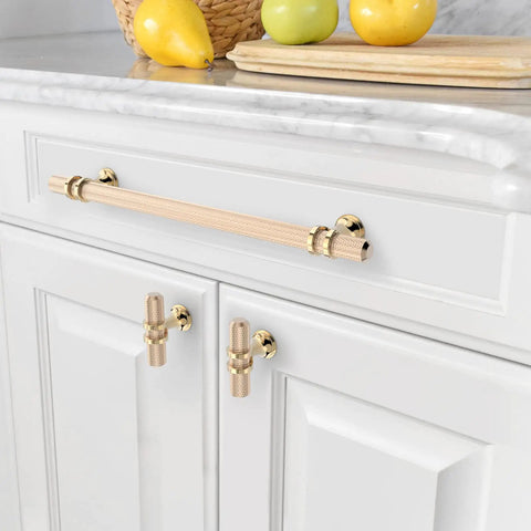 Gold Knurled Cabinet Pulls Set Of 10 7.5 Inch Hole Center To Center Brushed Brass Kitchen Cabinet Handles For Drawers Dressers Cupboards And Wardrobes ZH0025 installed on white kitchen cabinet