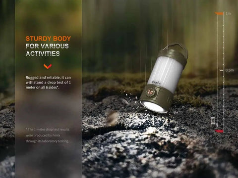 CL26R Pro Camping Lantern Olive Drab 650 Lumens USB C Rechargeable shown in drop test scene on rugged terrain