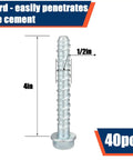 40 Pack Half Inch By 4 Inch Galvanized Concrete Screws Large Diameter Anchors For Masonry Brick Or Block Mounting Heavy Duty Fastening To Concrete Walls And Slabs showing single screw with dimensions