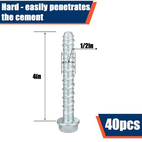 40 Pack Half Inch By 4 Inch Galvanized Concrete Screws Large Diameter Anchors For Masonry Brick Or Block Mounting Heavy Duty Fastening To Concrete Walls And Slabs showing single screw with dimensions