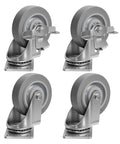 4 Inch Heavy Duty Industrial Caster Wheels Set Of 4 Non Marking Rubber Tread Smooth Action Heavy Hitter Build For Cart Furniture Workbench 1200 Lbs Weight Capacity Two Swivel Brakes Built Different, showcasing durable wheels with sturdy metal bases.