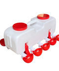 Backyard Boss Automatic Chicken Waterer Featuring Ten Heavy Duty Cups Plus A 9.6 Gallon Self Filling Reservoir side view showing durable plastic construction.