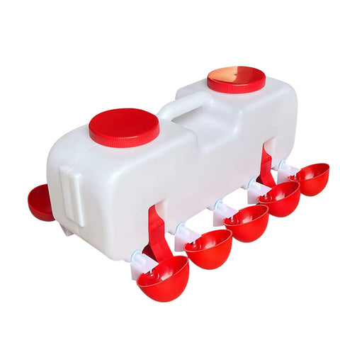 Backyard Boss Automatic Chicken Waterer Featuring Ten Heavy Duty Cups Plus A 9.6 Gallon Self Filling Reservoir side view showing durable plastic construction.