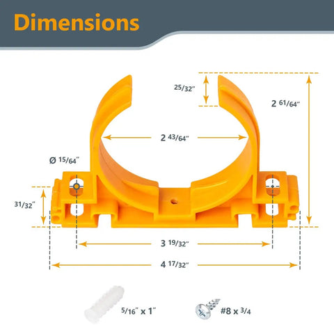 Open Style Dust Collection Pipe And Hose Hangers With Multi Mounting Options For Two And A Half Inch Ducting And Hoses Heavy Duty 4.5 Lb Holding Capacity Five Pack Orange For Wall Mounts In The Shop dimensions and measurements