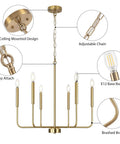 Farmhouse Style Gold Candle Chandelier With Brushed Brass Finish 6 Light Mid Century Branches Ceiling Fixture For Dining Room Kitchen Living Room Foyer And Entrance, highlighting chain and bulb features.