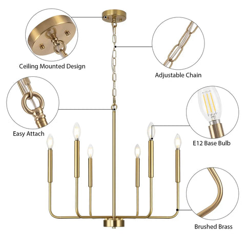 Farmhouse Style Gold Candle Chandelier With Brushed Brass Finish 6 Light Mid Century Branches Ceiling Fixture For Dining Room Kitchen Living Room Foyer And Entrance, highlighting chain and bulb features.