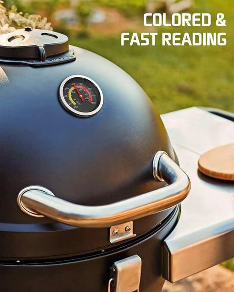 Close-up of Large Dial Grill Thermometer Two And Three Eighths Inch 50 to 800 Fahrenheit Outdoor Grill Smoker And Oven Temperature Gauge.