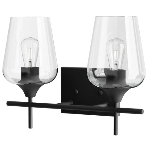 2 Light Vanity Light Fixture With Clear Glass Shades And Matte Black Finish, over mirror wall lamp for bathrooms, E26 socket