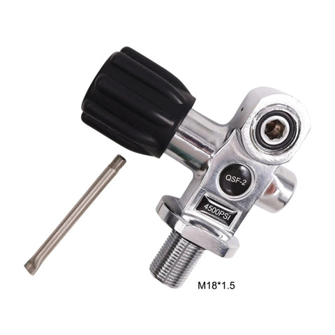 4500 Psi 300 Bar Scuba Diving Cylinder Valve DIN Yoke M18x1.5 Thread Copper Tank Valve, silver body and black handle.