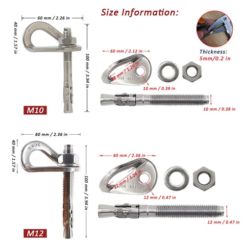 304 Stainless Steel Climbing Anchor Bolts Set For Rock Climbing Hangers M10 And M12 Bolt Fasteners size details