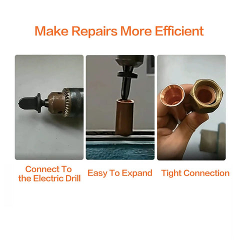 Image showing the Six Piece HVAC Copper Pipe Expander Set With Swage Tools And Flaring Kit For Quick Pipe Expansion And Flare Work In Air Conditioning Installations Pro Grade Heavy Duty Drill Bit Set And Hand Tools For The Job in use, highlighting drill connection and pipe expansion.