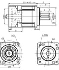 Technical drawing of Top Shelf Helical Planetary Gearbox with 8mm input shaft and 5:1 ratio for AC servo motors.