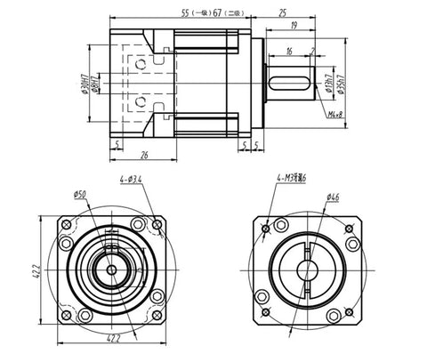 Technical drawing of Top Shelf Helical Planetary Gearbox with 8mm input shaft and 5:1 ratio for AC servo motors.