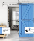 15Ft Stainless Steel Sliding Barn Door Track Kit Top Mount T Hanger Set installed, blue door fitting and dimension details shown.
