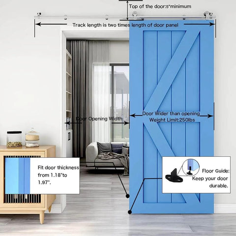 15Ft Stainless Steel Sliding Barn Door Track Kit Top Mount T Hanger Set installed, blue door fitting and dimension details shown.