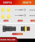 200 Piece 2 Pin Electrical Wire Connectors With Male Female Terminals Rock Solid Auto Wiring Harness Plugs For Truck DIY Ignition Systems No Fuss Secure Hook Up Gearhead Essential Kit including yellow housing, terminals, and connectors.