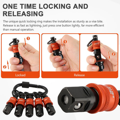 Half Inch Socket Holder Keychain 5 Pack with heavy duty quick release clip locking mechanism shown with one hand use