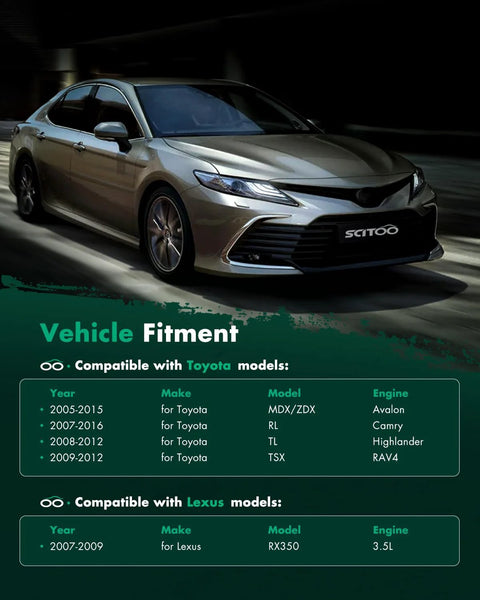 Chart showing vehicle fitment for 2005-2015 Toyota Avalon, Camry, RAV4, Highlander, and 2007-2009 Lexus RX350.