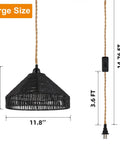 Boho Rattan Pendant Light With On Off Switch, Plug In Hanging Lamp On 15 Ft Hemp Rope, 12 Inch Handwoven Basket Shade