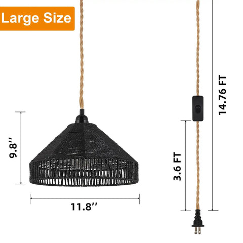Boho Rattan Pendant Light With On Off Switch, Plug In Hanging Lamp On 15 Ft Hemp Rope, 12 Inch Handwoven Basket Shade