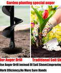 Rapid Planting Auger Drill Bit For Gardens Two By Eight Point Seven Inch Size With Three Eighth Inch Hex Drive, side by side with soil shovel in use