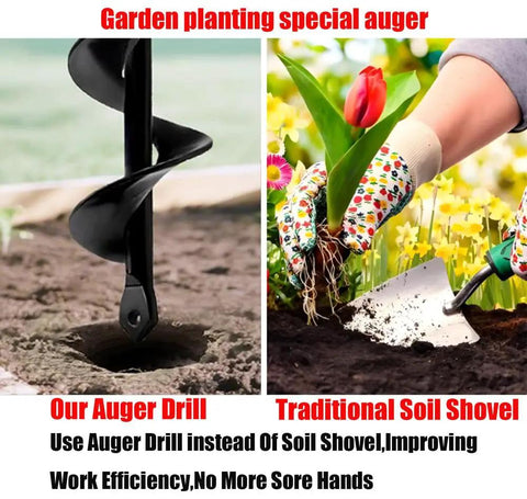 Rapid Planting Auger Drill Bit For Gardens Two By Eight Point Seven Inch Size With Three Eighth Inch Hex Drive, side by side with soil shovel in use