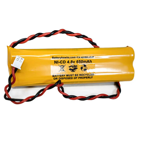 Yellow battery labeled Ni-Cd 4.8V 650mAh with red and black wires, part of Five Pack Ni Cad AA 650mAh Rechargeable Battery Pack For Exit Signs And Emergency Lights 4.8V All Fit E1021R D AA650B 4 Replacement EJW Ni Cad BYD Compatible Ready To Roll Backup Power
