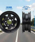 Side and front view of black trailer rims, 12x4 size, 5 lug on 4.5 inch bolt pattern, Pair Of 4.80-12 Trailer Tires On 12 X 4 Rim.