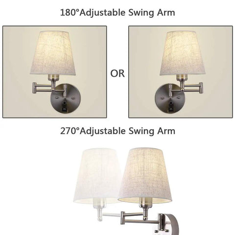 Bedside Wall Mount Light With Dimmable Switch And USB Port Swing Arm Fabric Shade Wall Sconce With Plug In Cord