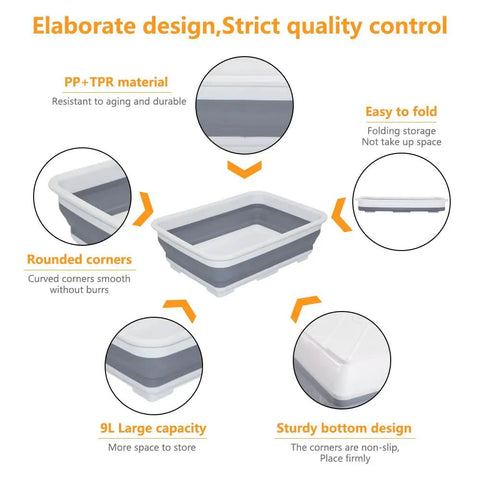 Collapsible Dish Pan 10L Folding Sink Basin For Dishwashing Camping RV And Vegetable Cleaning Expanded 14.5 By 10.5 By 5 Inches Folds Down To 2 Inches For Easy Storage And Space Saving Road Trip Ready; detailed material and design features