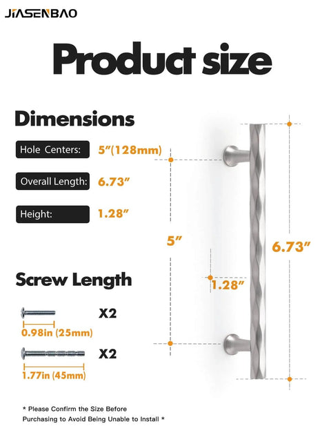 Dimensions and screw details for Hammered Silver Brushed Nickel Cabinet Pulls 5 Inch Hole Center 10 Pack For Kitchen Cabinets Bathroom Vanities Dressers Cupboards With Rhombus Design By JIASENBAO.