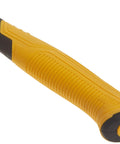 Close-up of yellow handle of MIG Weld Nailing Hammer 12 Oz All Steel Construction With Magnetic Nail Starter Fast Swing For Reduced Fatigue