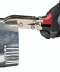 C5R 5-Blade Crimping Tool For Round Duct And Stove Pipe in action, ergonomic Redline handles, creating leak-proof crimps on duct edge