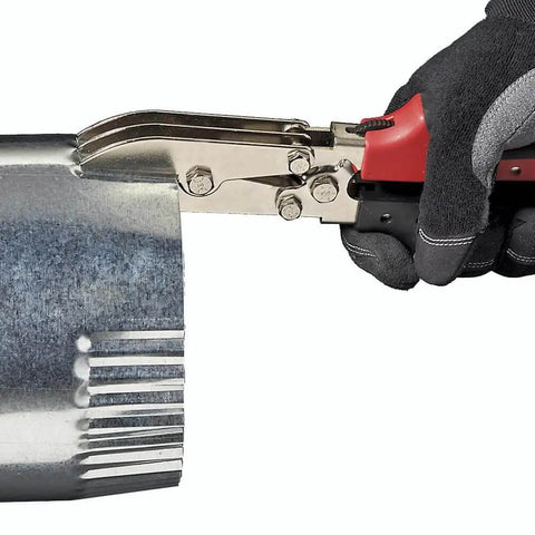 C5R 5-Blade Crimping Tool For Round Duct And Stove Pipe in action, ergonomic Redline handles, creating leak-proof crimps on duct edge