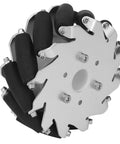 127mm Omnidirectional Wheels For Robotic Cars 45Kg Load 2 Pack Mecanum Wheel Kit For Education Projects Four Way Mobility Quiet And Stable Perfect For Robotics Kits Car Mods And Learning. Close-up of a silver mecanum wheel with black rubber rollers, designed for multidirectional mobility in educational robotics kits.