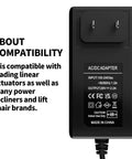Front view of a Replacement 29V 2A Recliner Power Supply Adapter with compatibility details next to the AC to DC charger